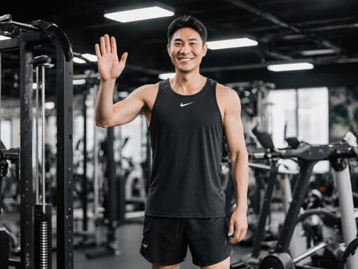 40대 건강한 외모를 지닌 한국인 남성이 트렌디한 운동복을 입고 반신 촬영을 하고 있습니다. 그는 운동 상의와 반바지, 운동화를 착용하고 있으며, 자연스럽게 미소를 지으며 손을 흔들어 인사하는 자세를 취하고 있습니다. 배경에는 다양한 운동 기구와 밝은 조명이 있는 현대적인 운동 시설이 있어 모델의 활동적인 라이프스타일을 잘 표현하고 있습니다.
