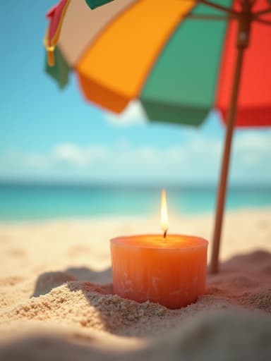 캔들, 장식용, 다채로운 여름 파라솔 아래의 모래 해변, 평화로운, 초대하는