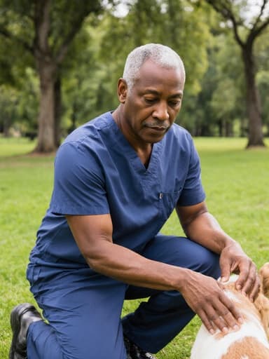 50대 흑인 남성이 의사 가운과 스크럽을 입고 무릎을 꿇고 작은 동물을 살피고 있는 모습의 전신 사진. 푸른 잔디와 나무가 어우러진 공원이 배경을 이루며, 그의 배려 깊은 성격과 자신감을 반영하는 따뜻하고 매력적인 분위기를 자아냅니다.