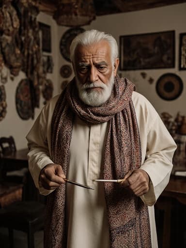 주름진 얼굴과 흰 머리를 가진 80대 중동계 남성이 전통 로브와 스카프를 착용하고, 공예 도구를 들고 점프하는 모습의 전신 사진. 아늑하고 따뜻한 느낌의 카페 내부에서 전통 공예 작품들이 전시되어 있는 배경에서 외롭고 passionate한 감정을 표현합니다.