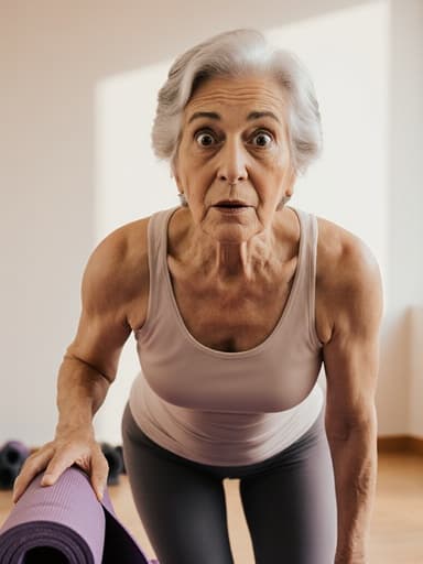 60대 중동계 여성이 부드러운 색상의 요가복을 착용하고 요가 매트를 들고 약간 앞으로 기울이며 놀란 표정을 짓고 있는 모습, 아늑한 요가 센터의 부드러운 조명 속에서 촬영된 반신 사진.