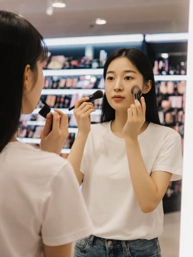 자연스러운 외모의 10대 후반 동양인 여성이 캐주얼한 티셔츠와 청바지를 입고 거울을 보며 화장품을 바르고 있는 모습의 반신 사진입니다. 배경에는 다채로운 뷰티 제품이 진열된 쇼핑몰의 화장품 매장이 있어 따뜻하고 초대하는 분위기를 만들어냅니다.