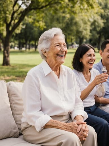 이 이미지는 70대의 라틴계 여성으로, 편안한 블라우스와 바지를 착용하고 소파에 앉아 만족스러운 표정을 지으며 가족과의 대화에 즐겁게 참여하는 모습을 보여줍니다. 아름다운 공원 배경 속에서 행복과 화합의 느낌을 전달하는 평화로운 야외 설정입니다.