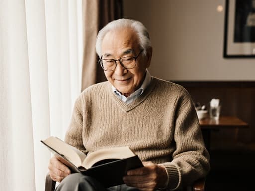 70대의 동양인 남성이 편안한 니트 스웨터와 슬랙스를 입고 책을 들고 페이지를 넘기려는 모습의 반신 사진. 그는 여유로운 미소를 지으며 아늑한 카페의 창가에 앉아 햇빛이 비치는 따뜻하고 초대하는 분위기를 연출하고 있다.