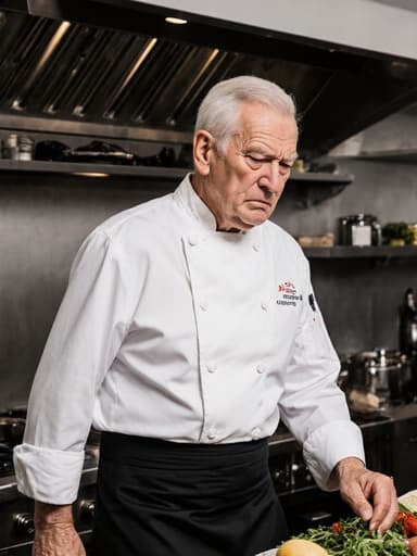 60대 백인 남성이 전통적인 요리사 복장을 입고 긴장한 표정을 짓고 있으며, 깔끔한 조리실에서 신선한 재료와 정리된 조리 기구를 살펴보며 이동하는 모습의 전신 사진입니다.