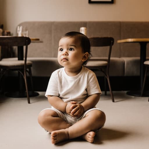1세 혼혈 아기가 아늑한 카페에서 편안한 면 티셔츠와 반바지를 입고 팔짱을 끼고 지루한 표정을 지으며 주변을 바라보고 있는 모습이 담긴 이미지입니다. 카페 내부는 테이블과 의자들로 구성되어 있습니다.
