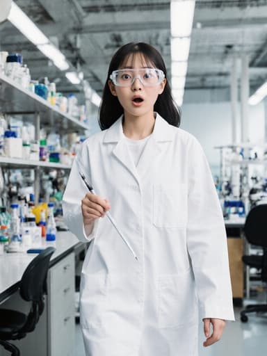 현대적인 연구 센터에서 실험 도구를 들고 놀라운 표정과 호기심 가득한 모습으로 걷고 있는 10대 초반 한국인 소녀의 전신 사진. 배경에는 다양한 실험 기구가 배치되어 있어 그녀의 탐구와 발견을 강조합니다.