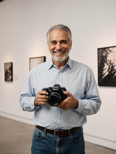 50대 라틴 남성이 편안한 셔츠와 청바지를 입고 긍정적인 표정으로 사진기를 들고 촬영을 준비하는 모습의 반신 사진입니다. 배경에는 다양한 사진 작품이 걸린 현대 예술 갤러리가 있어 장면의 예술적 분위기를 더욱 강조합니다.