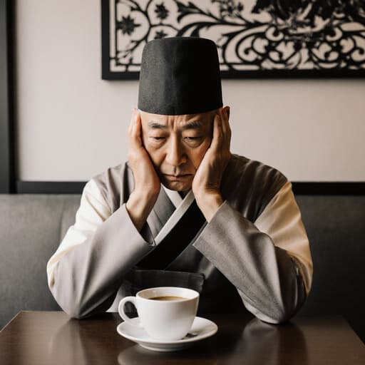 이 이미지는 전통 한복을 입은 70대 동양인 남성이 현대 카페에서 앉아 있는 모습을 담고 있습니다. 그는 차를 앞에 두고 머리를 감싸며 걱정스러운 표정을 짓고 있습니다. 카페의 벽은 한국 전통 문양으로 장식되어 있어 현대적인 스타일과 문화유산이 조화를 이루고 있습니다.