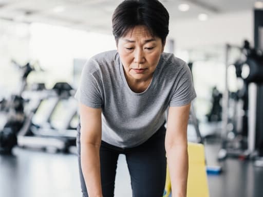 40대 동양인 여성이 스포츠 의상을 입고 깨끗하게 정돈된 스포츠 센터 내부에서 바닥을 청소하고 있는 모습이 반신 샷으로 나타나 있습니다. 그녀는 청소 도구를 들고 약간 지루한 표정을 지으며 약간의 피로감을 드러내며, 피트니스 환경에서의 일상적이지만 활동적인 순간을 포착하고 있습니다.