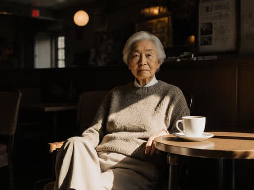 아늑한 카페에서 편안한 니트 스웨터와 면바지를 입고 무관심한 표정을 짓고 있는 70대 아시아계 여성의 반신 사진. 다리를 뻗고 손을 무릎 위에 올려놓고 앉아 있으며, 테이블 위에는 차 한 잔이 놓여 있어 조용한 분위기를 더하고 있다.