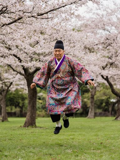 이 이미지는 화려한 전통 한복을 입고 있는 70세의 동양인 남성을 담고 있으며, 봄철 벚꽃 나무가 만개한 공원에서 점프하는 모습이 captured되었습니다. 지루한 표정과 장난기 가득한 자세가 독특한 대비를 만들어내며, 역동적인 배경 속에서 전통의 아름다움을 강조합니다.