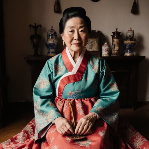 70대 유럽계 여성이 화려한 전통 한복을 입고 바닥에 앉아 전통 놀이 도구를 들고 있는 평화로운 장면. 전통 장식으로 꾸며진 아늑한 거실에서 따뜻함과 향수를 불러일으킵니다.