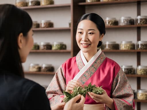 40대의 혼혈 여성의 반신 샷으로, 전통 한복을 입고 열정적으로 체질 분석에 대해 설명하며 한약 재료를 살펴보는 모습이 잘 꾸며진 한약 조제실에서 촬영되었습니다.