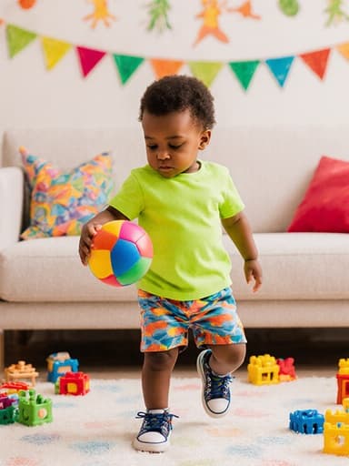 밝은 색상의 티셔츠와 반바지를 입은 귀여운 1세의 흑인 남아가 공을 바라보며 약간 지루한 표정을 짓고 있으며, 몸을 춤추듯 흔드는 모습의 풀 바디 샷입니다. 배경은 아기자기한 장난감이 놓인 아늑한 거실로, 유쾌한 분위기를 더해줍니다.