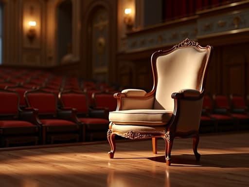 클래식 오케스트라 홀에 있는 우아한 인테리어 의자와 따뜻한 분위기의 조명, 광택 있는 나무 바닥.