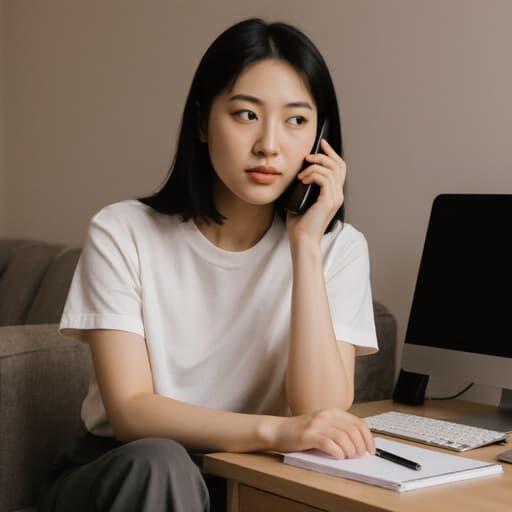 20대 아시아계 여성이 편안한 티셔츠와 실내 바지를 입고 있는 반신 사진입니다. 그녀는 귀에 전화기를 대고 고민하는 표정을 지으며 한 손으로 턱을 괴고 있습니다. 배경은 컴퓨터 책상이 있는 아늑한 거실로, 그 위에는 노트북과 메모장이 정리되어 있습니다. 전체적인 장면은 사색적이고 편안한 라이프스타일을 전달합니다.