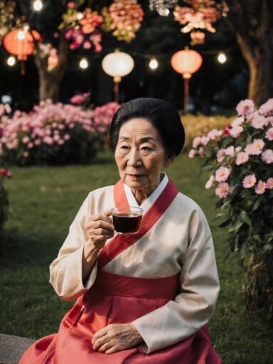 80대 아시아계 여성의 반신 사진. 전통 한복을 입고 외로운 표정으로 조용히 전통 차를 즐기고 있는 모습이 축제로 꾸며진 공원에서 꽃과 조명으로 둘러싸인 장면을 담고 있습니다.