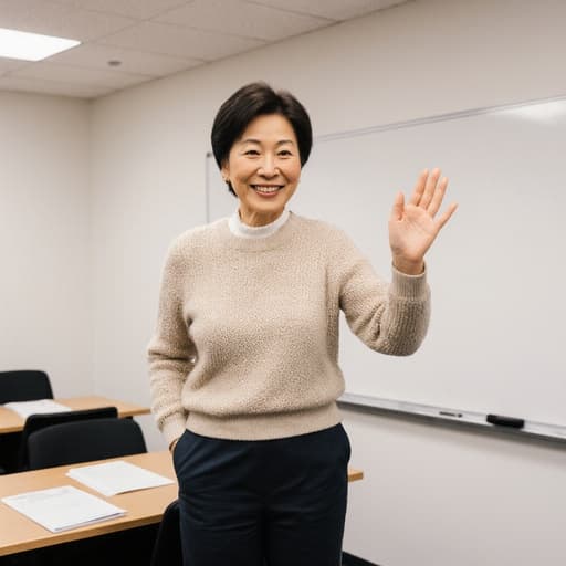 50대 아시아계 여성의 반신 사진으로, 편안한 스웨터와 슬랙스를 입고 밝은 회의실에서 학생들에게 따뜻한 미소로 인사하고 있습니다.