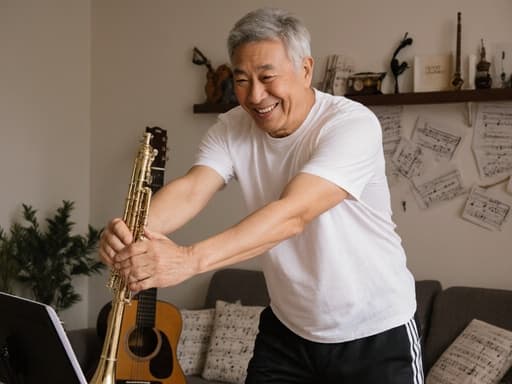 50대의 활기차고 즐거운 동양인 남성이 편안한 티셔츠와 운동 바지를 입고 스트레칭하며 악기를 다루는 듯한 자세를 취하고 있는 반신 촬영으로, 음악 관련 소품들이 놓여 있는 아늑한 거실 배경에서 촬영된 이미지입니다.