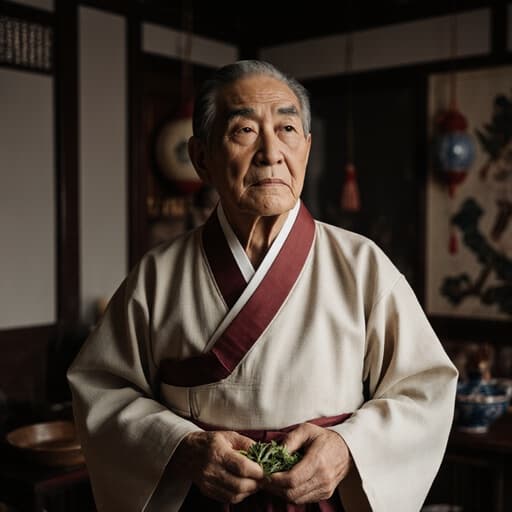 70대 아시아계 남성이 전통 한복을 입고 아늑한 거실을 걷고 있는 반신 촬영입니다. 전통적인 장식이 있는 공간에서 전통 음식 재료를 들고 외로운 표정을 지으며 고독의 순간을 포착했습니다.