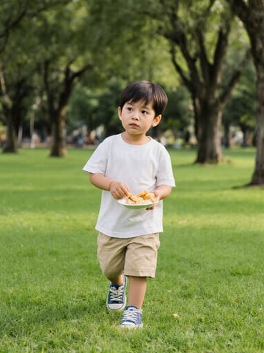 푸른 잔디와 나무가 있는 공원에서 편안한 티셔츠와 반바지를 입고 음식을 들고 걷고 있는 3세 동양인 남아의 전신 사진, 지루한 표정으로 주변을 바라보는 모습이 담긴 이미지입니다.