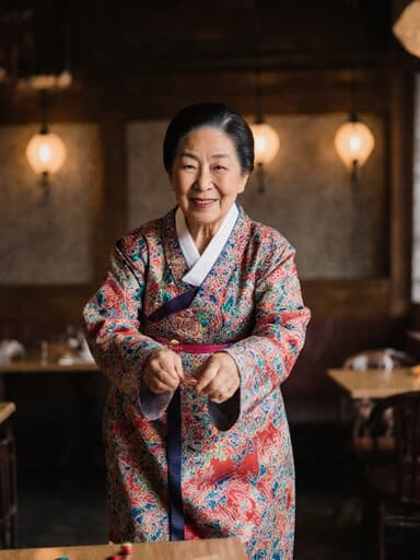 70대의 혼혈 여성이 화려한 전통 한복을 입고 전통 놀이를 즐기며 점프하는 모습으로, 만족스러운 표정을 짓고 있는 풀 바디 샷입니다. 아늑한 카페 내부의 따뜻한 분위기가 이 장면의 문화적 본질을 더욱 강조합니다.