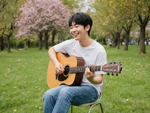 10대 초반의 동양인 남성이 의자에 앉아 캐주얼한 티셔츠와 청바지를 입고 기타를 연주하고 있다. 그는 친근한 미소를 띠고 행복한 감정을 표현하며, 푸른 잔디와 나무, 화사한 꽃들이 있는 아름다운 공원이 배경이다.