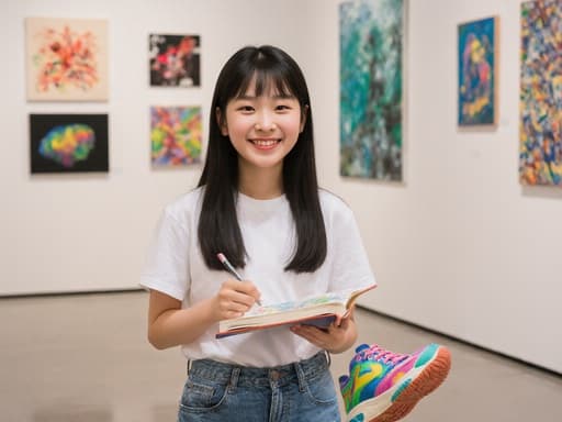 10대 초반의 동양인 소녀가 캐주얼한 티셔츠와 청바지를 입고, 손에 작은 스케치북을 들고 현대적인 갤러리에서 그림을 감상하며 자연스럽게 미소짓고 있습니다. 갤러리는 세련된 디자인으로 다양한 그림이 벽에 걸려 있어 예술적인 분위기를 자아냅니다.