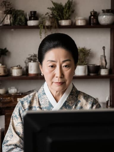 60대 혼혈 여성의 반신 사진으로, 전통 한복을 입고 컴퓨터를 응시하며 생각에 잠긴 표정을 짓고 있는 모습. 배경은 한약재와 진료 도구로 가득한 전통 한의 진료실로, 따뜻하고 초대하는 분위기를 자아냅니다.