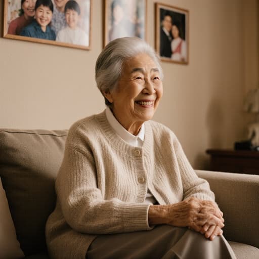 70세 한국인 여성이 자연스러운 모습으로 부드러운 카디건과 편안한 바지를 입고 아늑한 거실의 소파에 앉아 있습니다. 그녀는 가족을 기다리며 따뜻한 미소를 지으며 무릎 위에 손을 얹고, 가족 사진과 따뜻한 조명이 어우러져 사랑과 기대의 초대하는 분위기를 만들어냅니다.