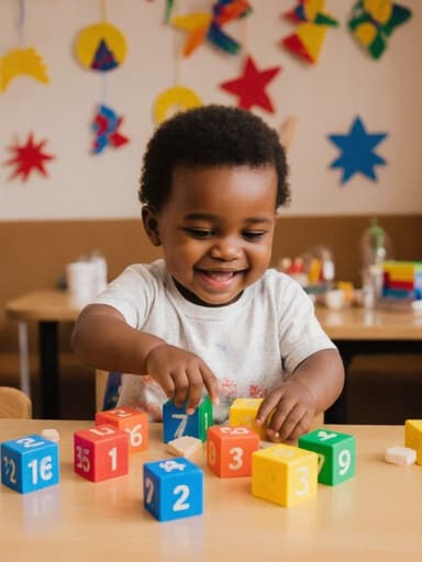 아늑한 카페 테이블에 앉아 편안한 티셔츠와 반바지를 입고 있는 사랑스러운 1세 아프리카계 남아의 반신 사진입니다. 그는 숫자 블록과 놀면서 장난기 가득한 표정을 짓고 있으며, 밝고 행복한 감정을 발산하고 있습니다. 배경은 다양한 색상의 장식과 어린이 전용 코너가 있는 아늑한 카페 내부로, 장면을 더욱 매력적으로 만드는 따뜻한 분위기를 자아냅니다.