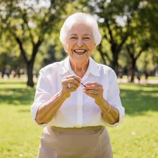 이미지에는 편안한 블라우스와 치마를 입고 바느질을 하며 즐겁게 점프하는 80대 라틴계 여성이 담겨 있습니다. 그녀는 고마운 미소를 지으며, 푸른 잔디와 나무들이 있는 햇살이 잘 드는 공원이 장면의 즐거운 분위기를 강조합니다.