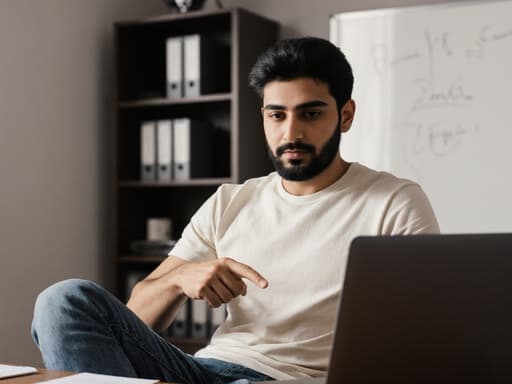 20대 중동계 남성이 편안한 티셔츠와 청바지를 입고 현대적인 사무실에 앉아 노트북 화면을 가리키며 자신감 있는 표정을 짓고 있습니다. 배경에는 책장과 화이트보드가 있어 주제가 기술과의 상호작용을 강조하며 초대하는 전문적인 분위기를 만들어냅니다.