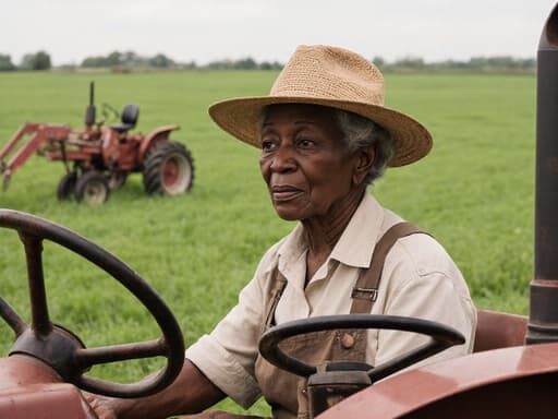 60대 아프리카계 여성이 농부 작업복과 모자를 착용하고 울타리에 앉아 농기계를 바라보는 반신 사진. 푸른 들판과 농기계가 있는 배경이 농업 생활에 대한 평화롭고 사색적인 느낌을 줍니다.