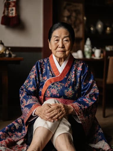 70대 동양인 여성의 반신상으로, 전통적인 한복을 입고 바닥에 다리를 교차한 자세로 앉아 피곤한 표정을 짓고 있습니다. 아늑한 카페 배경은 전통적인 소품으로 장식되어 따뜻한 분위기를 자아내며, 그녀의 의상과 감정을 잘 어우러지게 합니다.