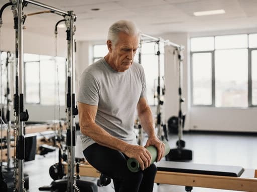 건강한 외모를 지닌 60대 백인 남성이 편안한 필라테스 복장으로 반신을 비춘 모습입니다. 그는 진지한 표정으로 필라테스 매트를 정리하며 수업 준비를 하고 있습니다. 배경에는 다양한 필라테스 기구가 배치된 넓고 밝은 필라테스 센터가 보이며, 운동의 분위기를 더해줍니다.