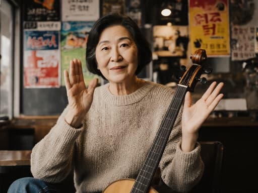60대 한국인 여성이 편안한 니트와 청바지를 입고 악기를 들고 카메라를 향해 차갑고 무표정한 표정으로 인사하는 모습의 반신 사진. 배경은 음악 관련 포스터가 붙어 있는 아늑한 카페 내부로, 예술적인 분위기를 자아냅니다.