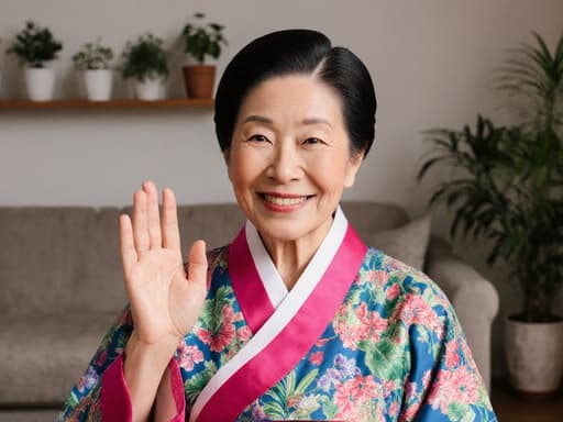 60대의 친근하고 따뜻한 미소를 짓고 있는 아시아계 여성의 반신 촬영입니다. 그녀는 화사한 색상의 한복을 입고 있으며, 손을 살짝 들어 인사하는 듯한 자세를 취하고 있습니다. 배경은 아늑한 거실로 소파와 화분이 놓여 있어 그녀의 쾌활한 태도와 어우러지는 초대하는 분위기를 만들어냅니다.