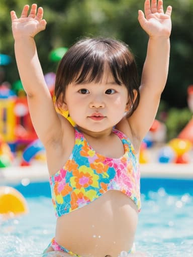 밝은 색의 물놀이 수영복을 입고 팔을 쭉 뻗고 있는 1살 한국인 아기 소녀의 전신 사진. 그녀는 입을 다물고 배고픈 표정을 짓고 있으며, 물놀이용 풀장과 다양한 장난감이 있는 야외 정원에서 즐겁고 활기찬 분위기를 연출하고 있습니다.