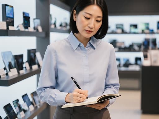 40대 자연스러운 외모의 여성이 최신 전자기기들이 진열된 전자매장 내부에서 반신을 촬영한 사진입니다. 그녀는 캐주얼한 블라우스와 슬랙스를 착용하고, 노트에 집중하며 고민하는 표정을 짓고 있습니다. 이 장면은 그녀가 다양한 하이테크 기기들로 둘러싸여 있는 집중하는 순간을 포착하고 있습니다. 따뜻하고 초대하는 분위기의 조명이 그녀의 캐주얼 스타일과 세련된 현대적인 배경을 강조합니다.