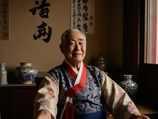 70대 아시아계 남성이 전통 한복을 입고 편안하게 스트레칭하는 모습의 반신 사진으로, 따뜻한 색조의 거실과 전통적인 소품들이 어우러져 평화롭고 만족스러운 분위기를 자아냅니다.