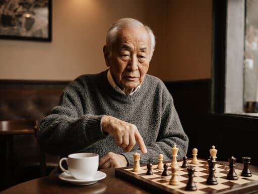80세의 주름진 얼굴을 가진 아시아계 남성이 니트 스웨터와 슬랙스를 편안하게 착용하고, 체스판 앞에서 무관심한 표정으로 체스 말을 가리키고 있는 모습의 반신 사진. 아늑한 카페의 따뜻하고 초대하는 분위기 속에서 테이블 위에 커피 컵이 놓여 있다.