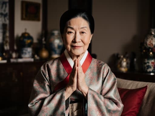 80대 아시아계 여성의 반신 상으로, 화려한 전통 한복을 입고 따뜻한 표정으로 두 손을 모아 인사하는 모습이 담겨 있으며, 전통 장식이 있는 아늑한 거실 배경이 특징입니다.