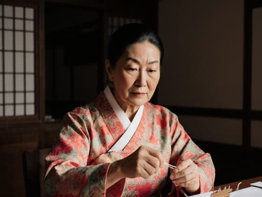 60대 혼혈 여성은 밝은 색상의 전통 한복을 입고 아늑한 전통 한의원에서 침 치료 도구를 능숙하게 다루며 지혜롭고 집중한 모습을 보여줍니다.