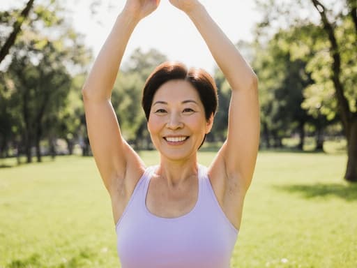 40대 동양인 여성 모델이 편안한 운동복을 입고, 부드러운 햇살이 비치는 푸른 잔디와 나무가 있는 공원에서 스트레칭을 하고 있습니다. 그녀의 자연스러운 미소는 긍정적인 감정을 표현하며, 전체적으로 평화롭고 매력적인 분위기를 만들어냅니다.