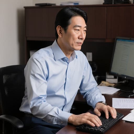 사무실에 앉아 있는 40대 동양인 남성의 반신 샷으로, 깔끔한 셔츠와 슬랙스를 착용하고 편안한 표정으로 컴퓨터를 타이핑하고 있습니다. 책상 위에는 컴퓨터와 서류가 놓여 있어 전문적인 분위기를 자아냅니다.