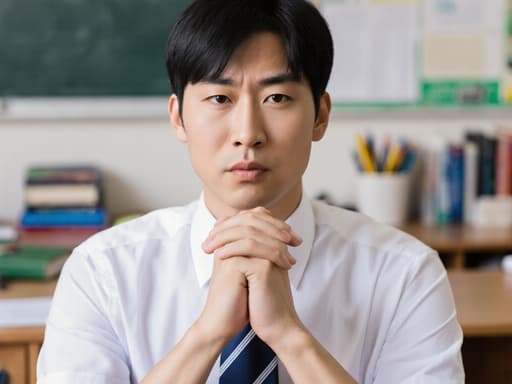30대 동양인 남성이 깔끔한 교복 스타일의 셔츠와 넥타이를 착용하고, 가슴 앞으로 손을 모으고 인사하는 자세를 취하며 약간의 긴장감을 드러내고 있는 반신 사진입니다. 배경은 정리된 교육 자료가 있는 교사 사무실로, 학문적인 분위기를 연출합니다.