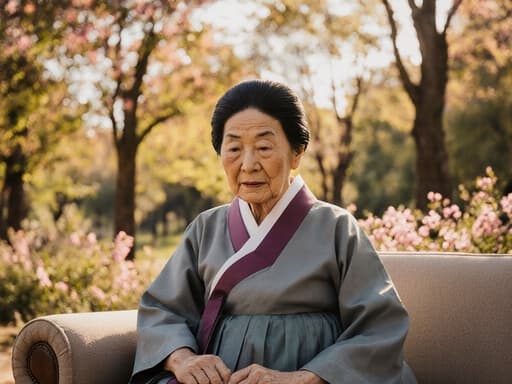 80대 백인 여성의 반신 사진으로, 주름이 많은 자연스러운 외모를 갖추고 있으며, 전통적인 한복을 입고 있습니다. 소파에 앉아 손을 무릎 위에 얹고 아래를 바라보며 외로운 표정을 짓고 있습니다. 배경은 따뜻한 햇살이 비치는 공원으로, 나무와 꽃들로 둘러싸여 있어 그녀의 전통 의상과 잘 어울리는 고요한 분위기를 만들어냅니다.