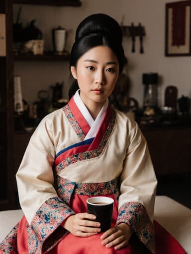 전통 한복을 입고 커피 컵을 들고 무릎에 손을 올린 10대 후반의 흑인 여성 모델의 반신 사진. 아늑한 침 치료실에서 치료 도구들이 놓여 있으며, 차분하면서도 무관심한 분위기를 자아냅니다.
